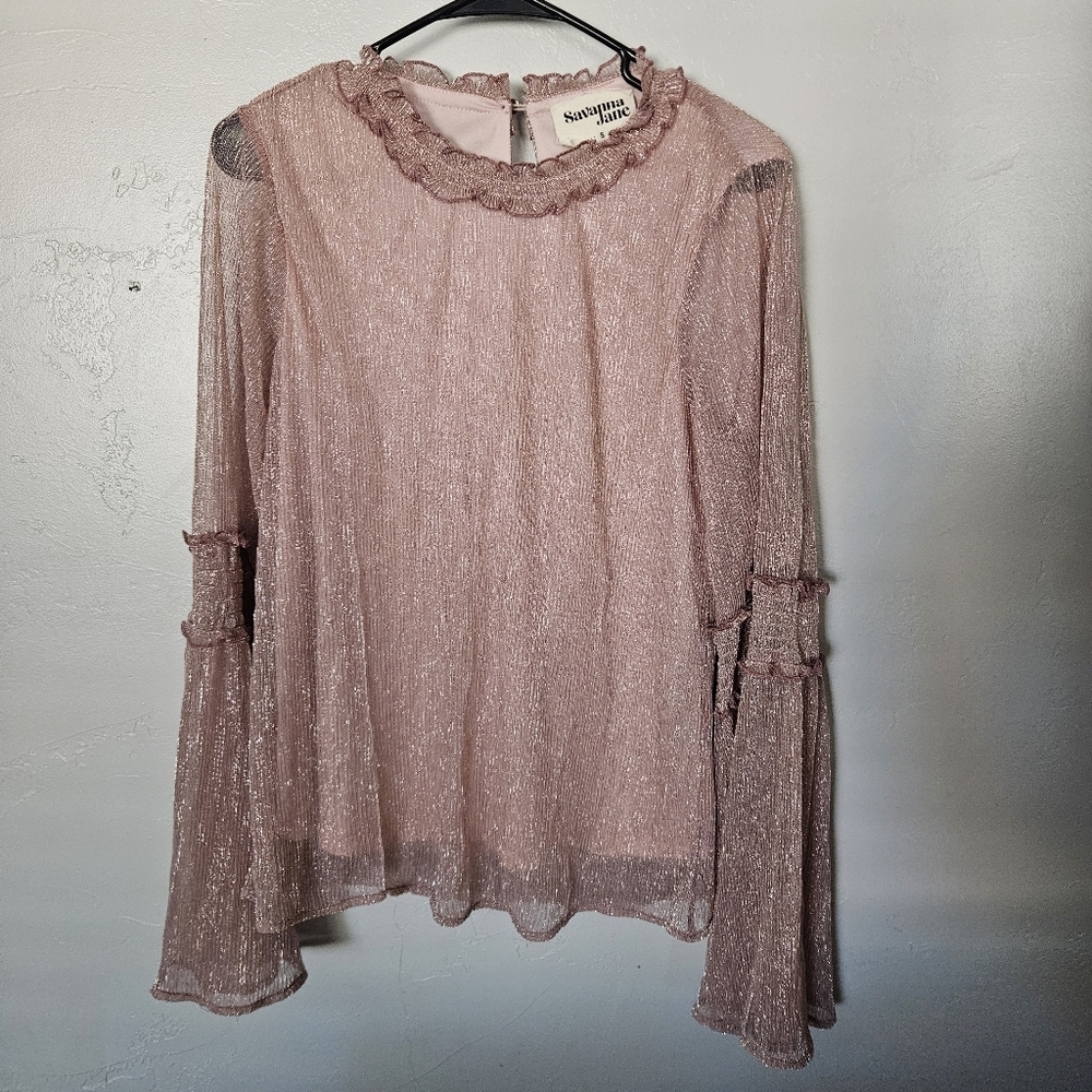 Savanna Jane Women's Small Sheer Pink Ruffled Top Long Sleeve Metallic Bell Boho